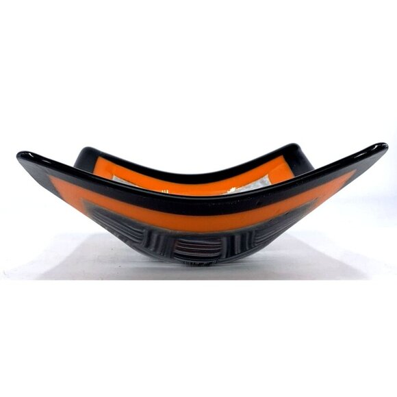 Fused Art Glass Bowl Candy Trinket Dish Black Orange 7 x 7" Unsigned - Picture 5 of 8